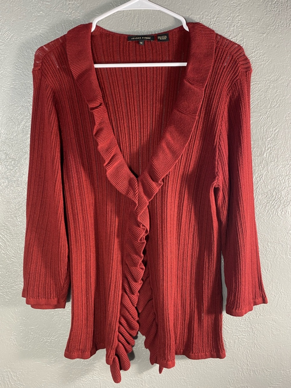 Jeanne Pierre Cardigan Womens M Rust 100% Cotton Ruffle Open Front Sweater